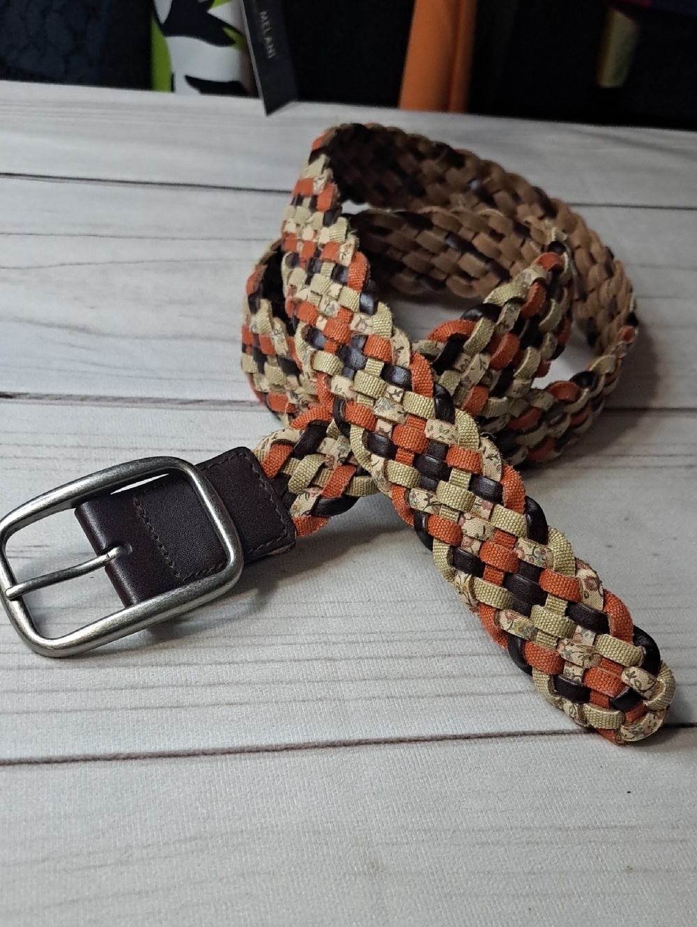 Woven Leather & Cotton Braided Belt - Orange, Tan & Brown